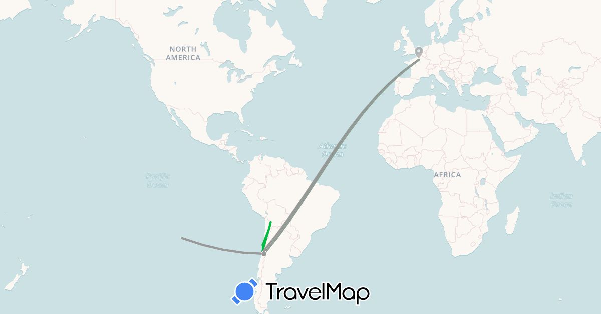 TravelMap itinerary: bus, plane in Bolivia, Chile, France, Vanuatu (Europe, Oceania, South America)